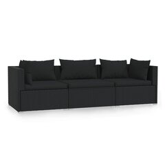 Trivietė sofa su pagalvėlėmis, juodos spalvos, poliratanas цена и информация | Садовые стулья, кресла, пуфы | pigu.lt