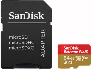 Карта памяти Sandisk микро SDXC 64GB Extreme Plus + адаптер цена и информация | Карты памяти для телефонов | pigu.lt