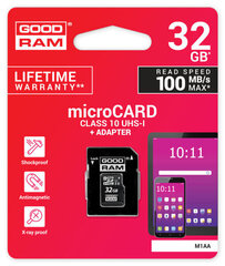 Карта памяти GOODRAM MicroSD 32Gb (class 10) + SD Адаптер цена и информация | Карты памяти для телефонов | pigu.lt