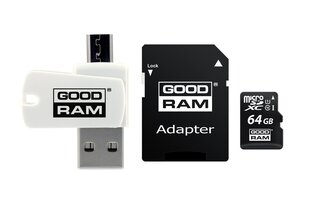 Карта памяти GoodRam microSDHC 64GB CL10 + адаптер + кард-ридер цена и информация | Карты памяти для телефонов | pigu.lt