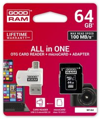 Карта памяти GoodRam microSDHC 64GB CL10 + адаптер + кард-ридер цена и информация | Карты памяти для телефонов | pigu.lt