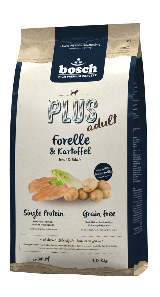 Bosch Petfood Plus HPC+ Trout begrūdis (vieno baltymo) 1kg цена и информация | Sausas maistas šunims | pigu.lt