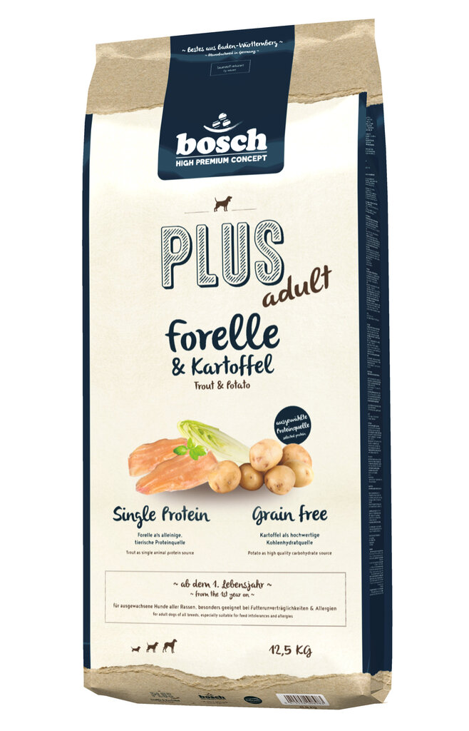 Bosch Petfood Plus HPC+ Trout begrūdis (vieno baltymo) 12,5kg kaina ir informacija | Sausas maistas šunims | pigu.lt