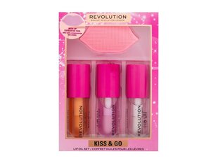 Lūpų aliejų rinkinys Makeup Revolution - Lip Oil Set Kiss &amp; Go, 4.5 ml, 3 vnt. kaina ir informacija | Lūpų dažai, blizgiai, balzamai, vazelinai | pigu.lt