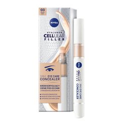 Paakių kremas Nivea Hyaluron Cellular Filler 3In1 Eye Care Concealer 03 Dark, 4ml kaina ir informacija | Makiažo pagrindai, pudros | pigu.lt