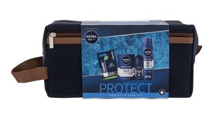 Rinkinys Nivea Men Protect &amp; Care: skutimosi gelis, 200 ml + dezodorantas, 50 ml + balzamas po skutimosi, 100 ml+ lūpų balzamas, 4,8 g + kosmetinė kaina ir informacija | Skutimosi priemonės ir kosmetika | pigu.lt