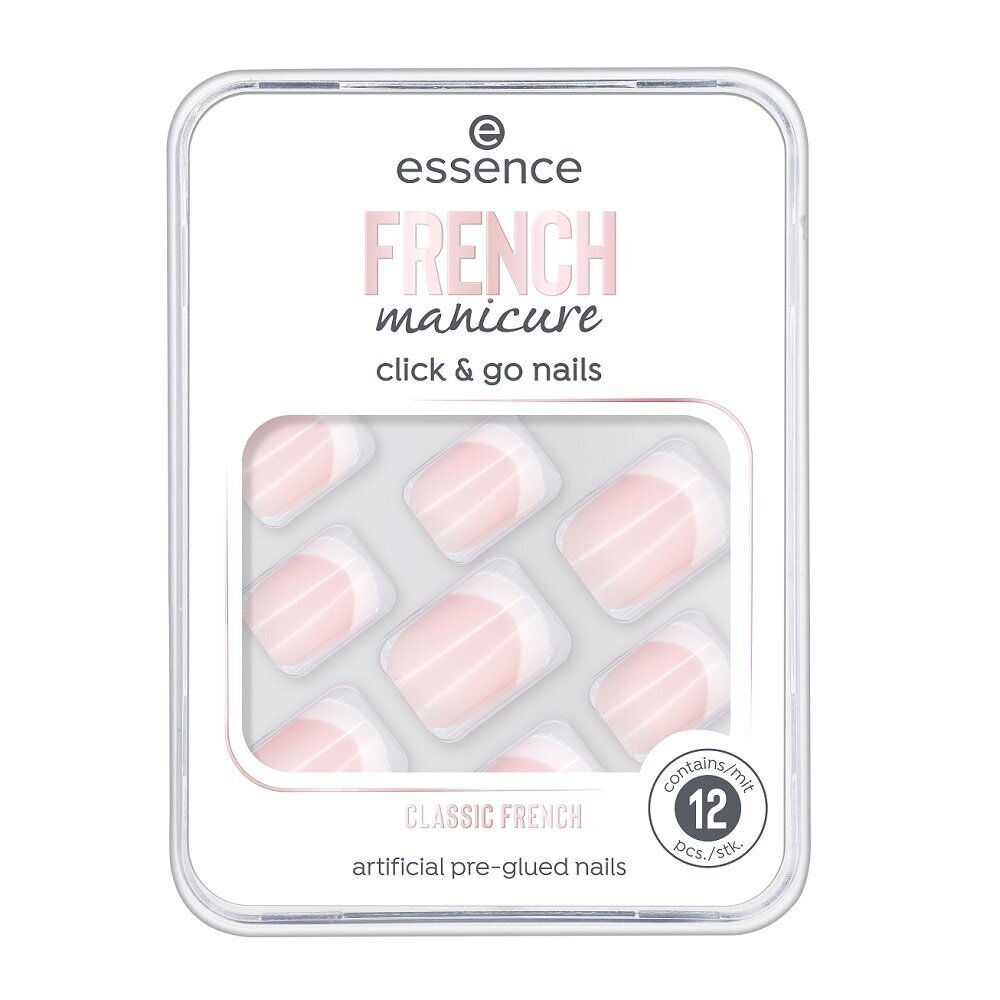 Priklijuojami nagai Essence French Manicure Click &amp; Go, 12 vnt., 01 Classic French kaina ir informacija | Manikiūro, pedikiūro priemonės | pigu.lt