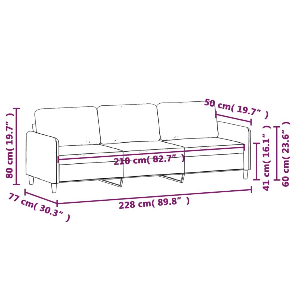 Trivietė sofa, šviesiai pilkos spalvos, 210cm, aksomas kaina ir informacija | Sofos | pigu.lt