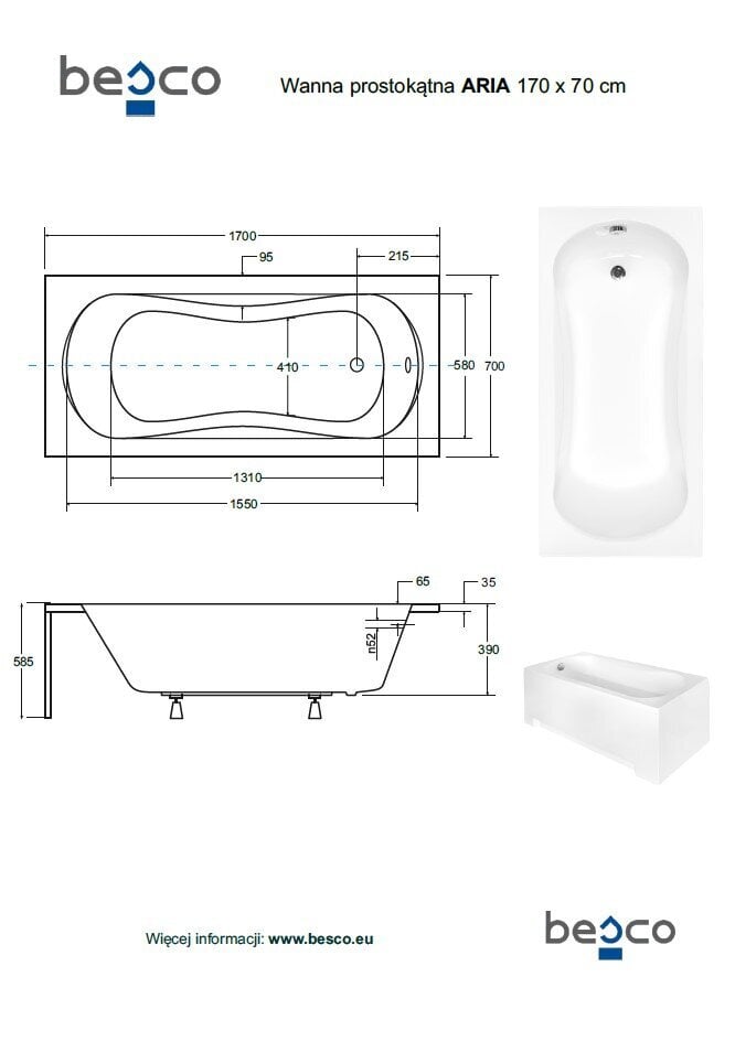 Vonia Besco Aria Plus su rankenėlėmis kaina ir informacija | Vonios | pigu.lt