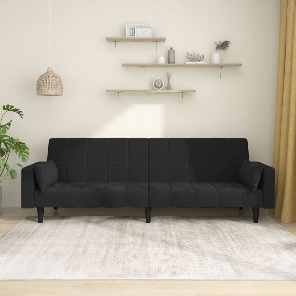 Dvivietė sofa-lova su dvejomis pagalvėmis, juoda, aksomas kaina ir informacija | Sofos | pigu.lt