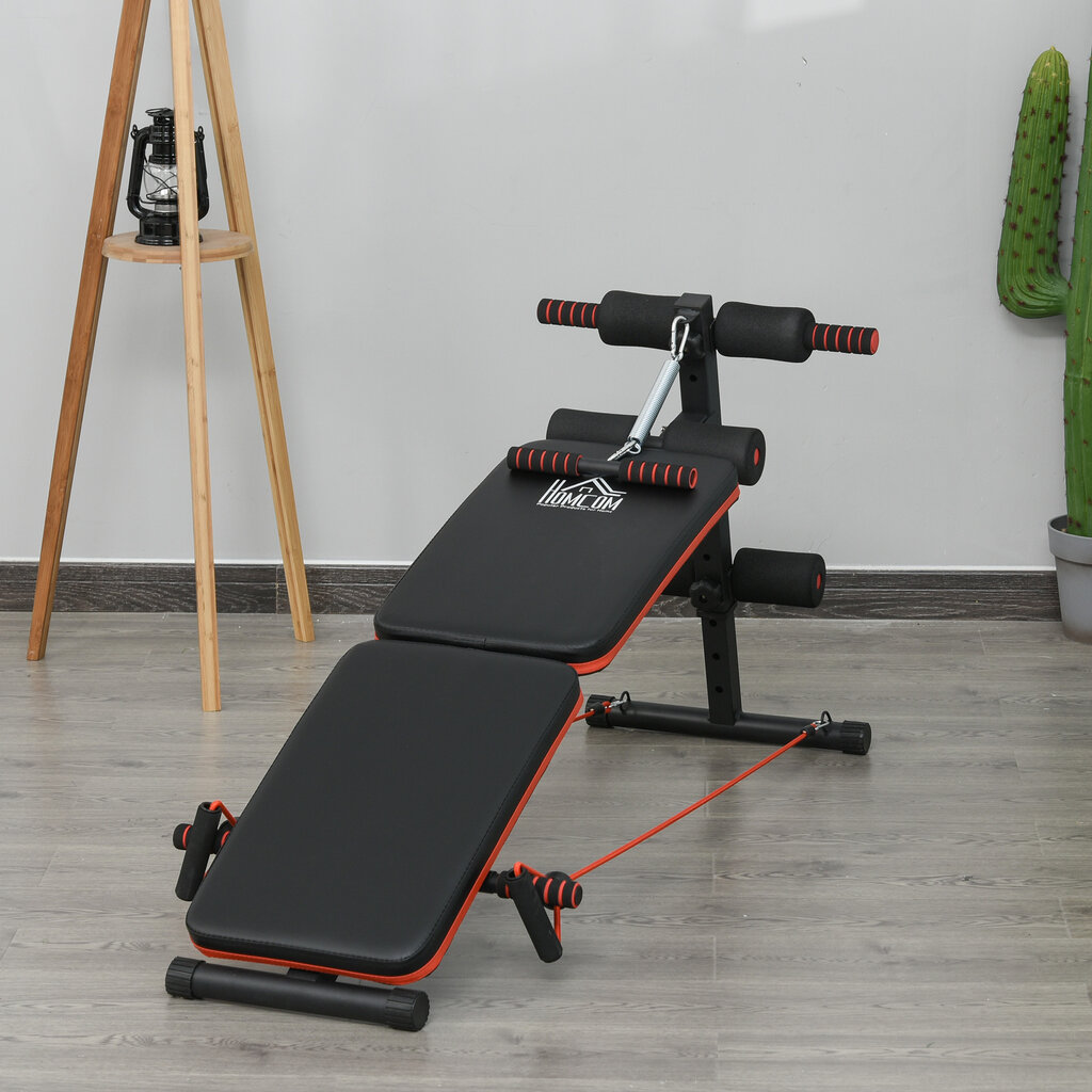 "HOMCOM Sit Up Bench" pilvo treniruoklis su treniruočių virvėmis Treniruočių suoliukas Daugiafunkcinis reguliuojamas ir sulankstomas 110 kg apkrovos talpa Plienas Juoda+Raudona kaina ir informacija | Kovos menai | pigu.lt