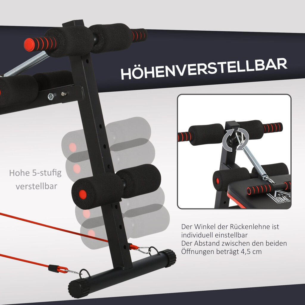 "HOMCOM Sit Up Bench" pilvo treniruoklis su treniruočių virvėmis Treniruočių suoliukas Daugiafunkcinis reguliuojamas ir sulankstomas 110 kg apkrovos talpa Plienas Juoda+Raudona kaina ir informacija | Kovos menai | pigu.lt