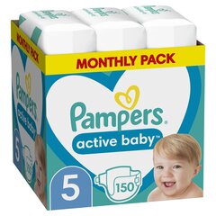 Подгузники PAMPERS Active Baby-Dry, Monthly Pack, 5 размер, 11-16кг, 150 шт. цена и информация | Подгузники | pigu.lt