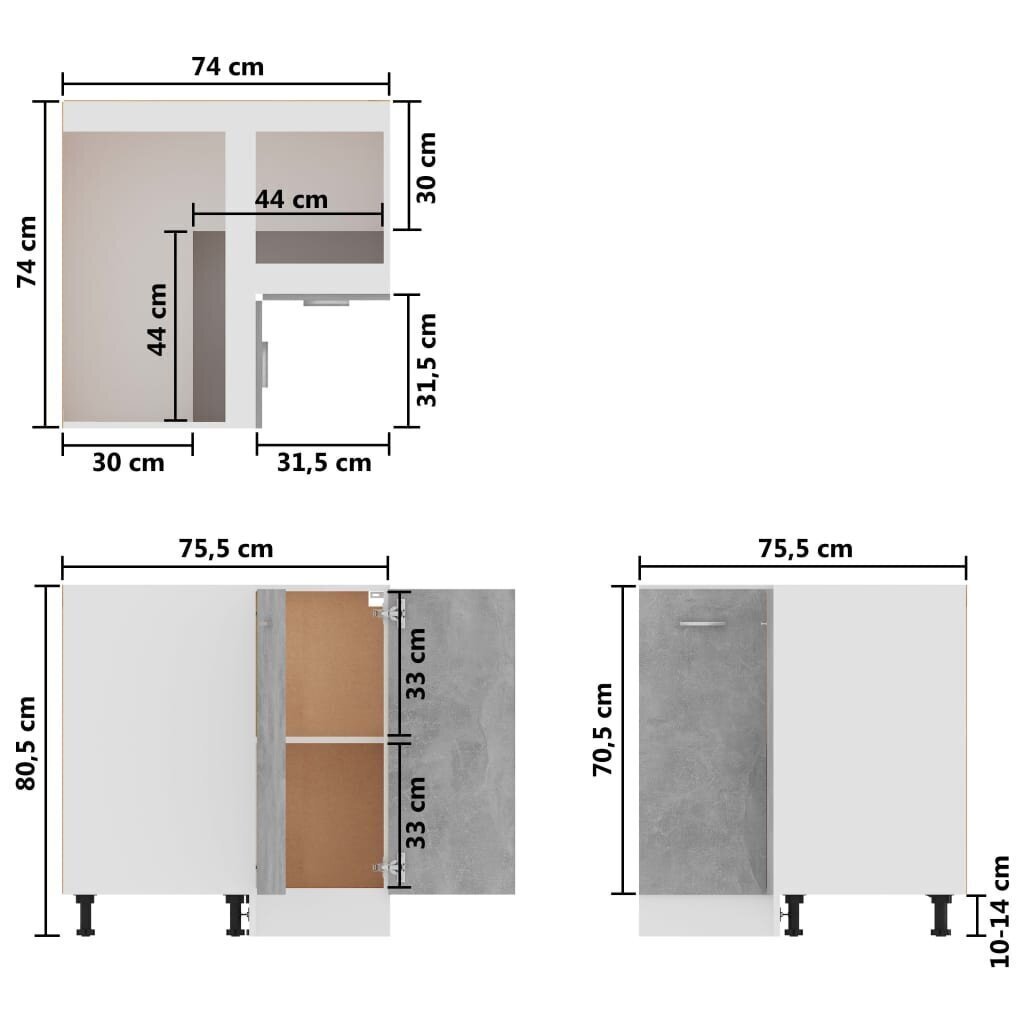 Apatinė kampinė spintelė, 75,5x75,5x80,5 cm, pilka kaina ir informacija | Virtuvinės spintelės | pigu.lt