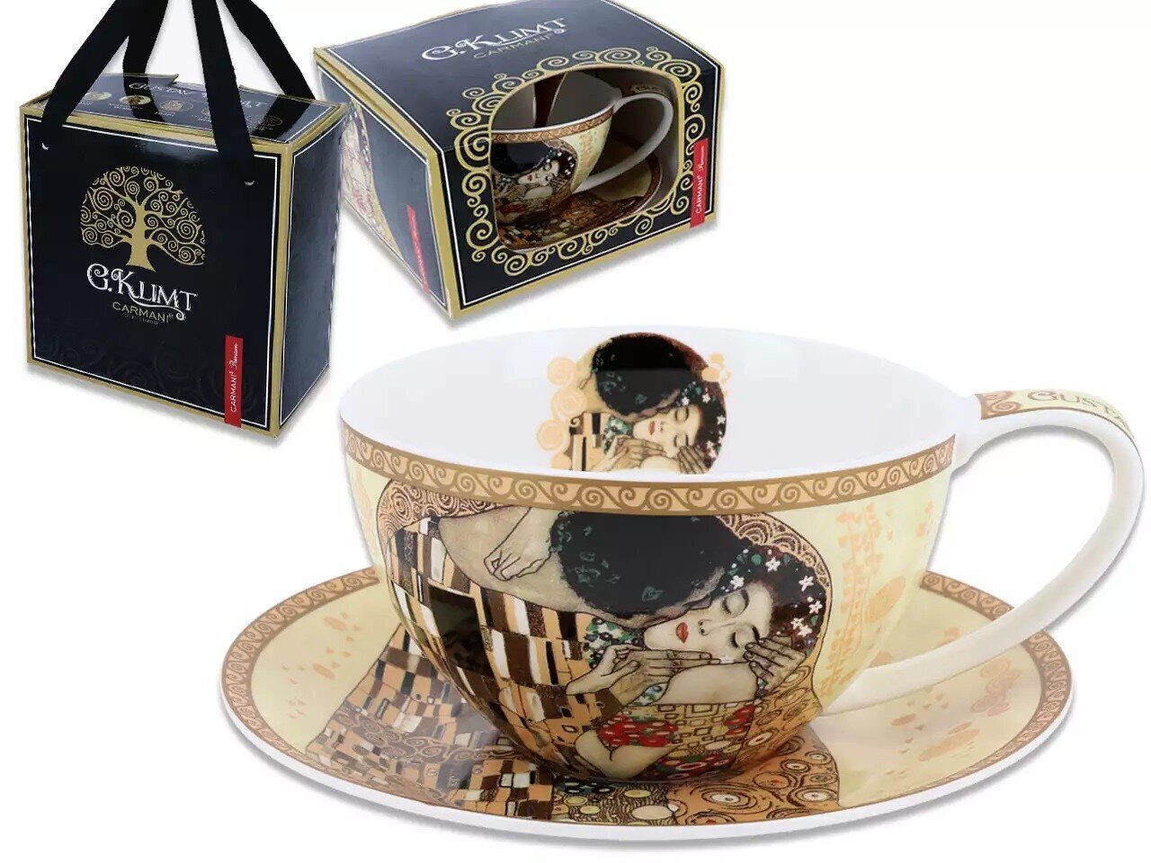 Carmani puodelis su lėkštute G. Klimt Bučinys, 360 ml kaina ir informacija | Taurės, puodeliai, ąsočiai | pigu.lt