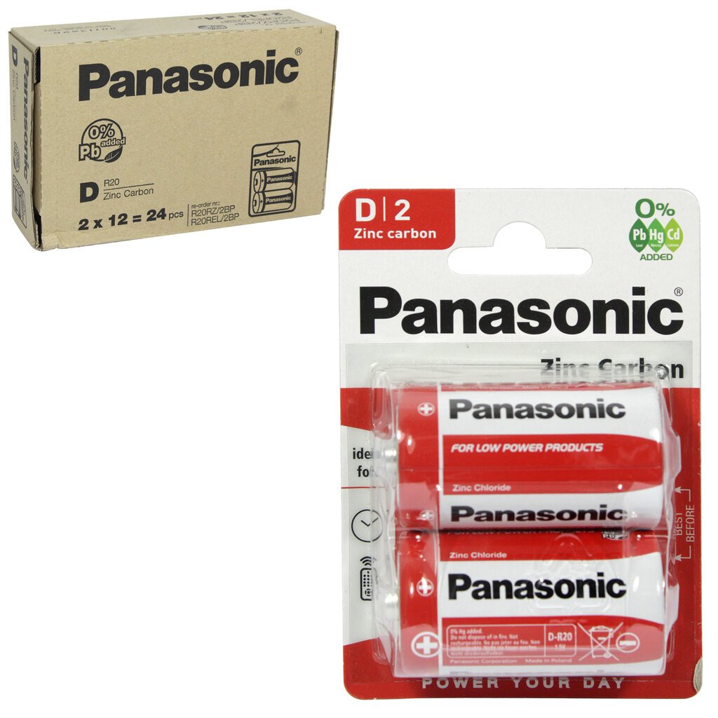 Panasonic elementai Red Zinc R20 (D), 24 vnt (12bl x 2 vnt) kaina ir informacija | Elementai | pigu.lt