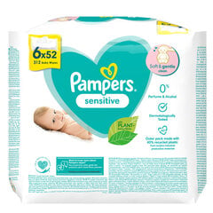 PAMPERS Drėkinamos servetėlės SENSITIVE 6x52 vnt. kaina ir informacija | Drėgnos servetėlės, paklotai | pigu.lt