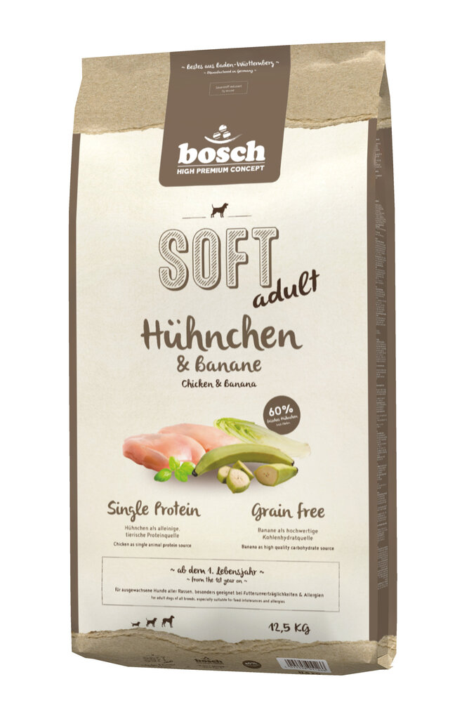 Bosch Petfood Plus HPC Soft+ Chicken & Banana begrūdis (vieno baltymo) 12,5kg цена и информация | Sausas maistas šunims | pigu.lt