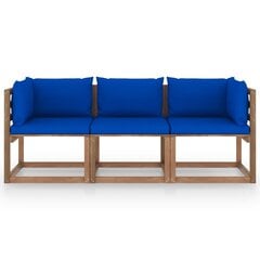 Trivietė sodo sofa iš palečių su mėlynomis pagalvėlėmis, eglė цена и информация | Садовые стулья, кресла, пуфы | pigu.lt