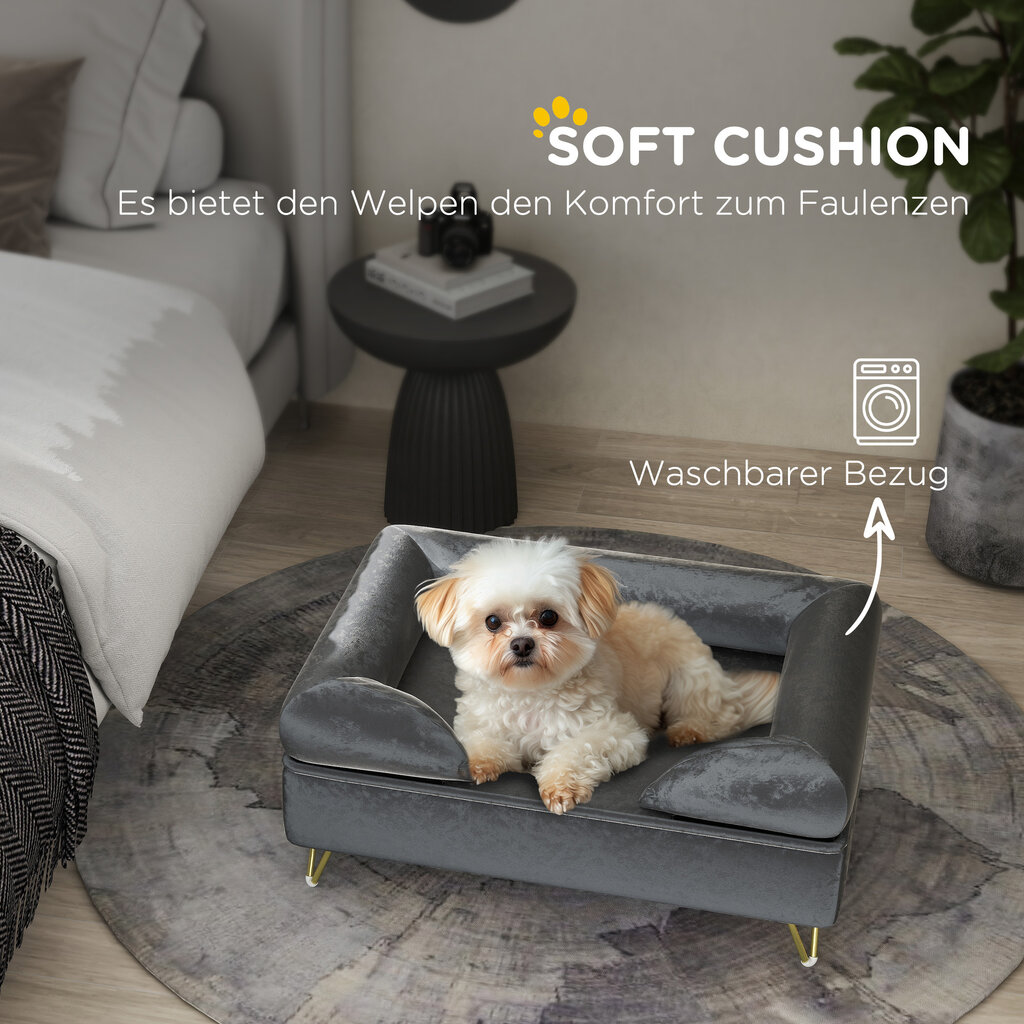 "PawHut" sofa šunims su pagalvėle, skalbiamas užvalkalas, naminių gyvūnėlių sofa su nuimamu atlošu ir metalinėmis kojelėmis, katės sofa mažiems ir vidutinio dydžio šunims, pilka kaina ir informacija | Guoliai, pagalvėlės | pigu.lt