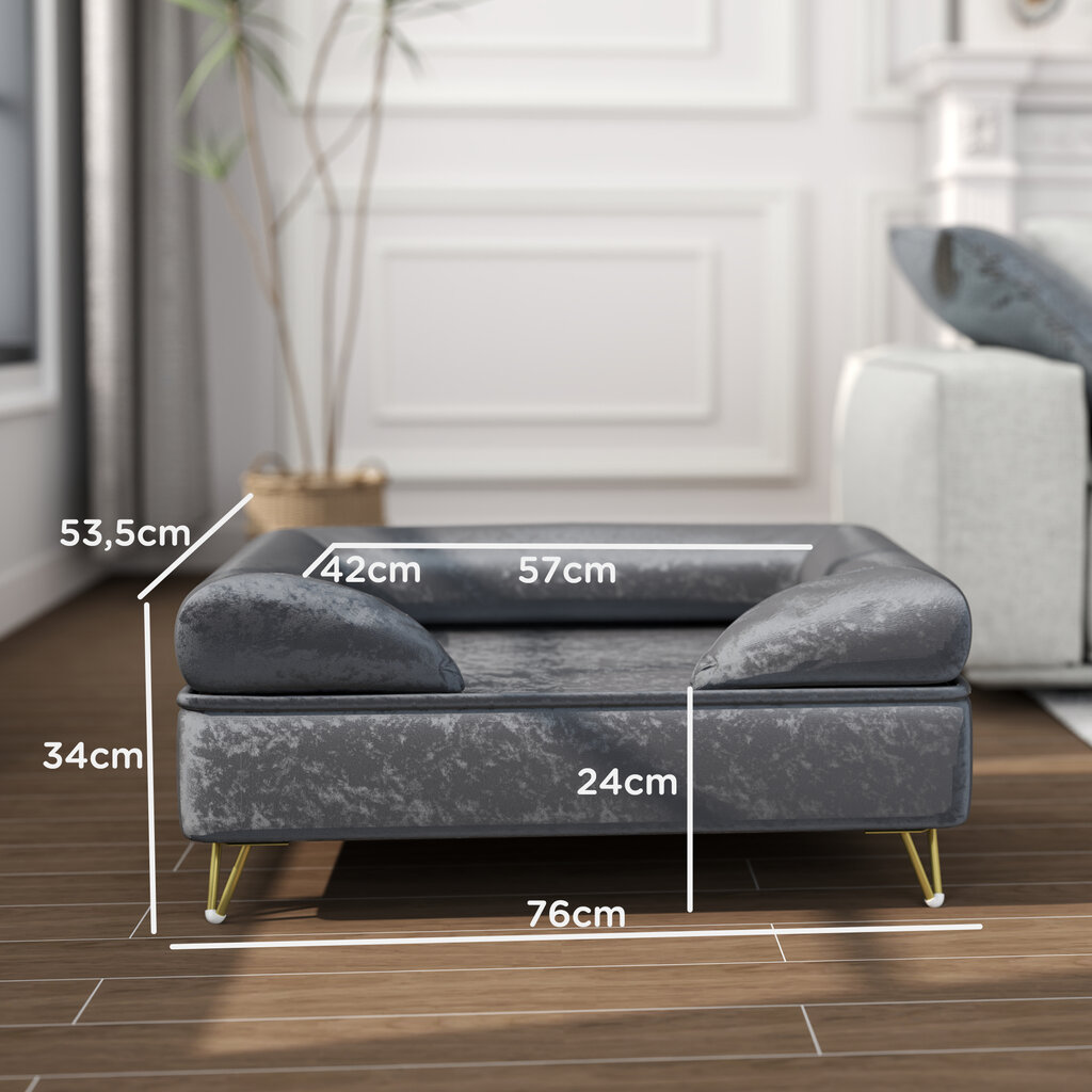 "PawHut" sofa šunims su pagalvėle, skalbiamas užvalkalas, naminių gyvūnėlių sofa su nuimamu atlošu ir metalinėmis kojelėmis, katės sofa mažiems ir vidutinio dydžio šunims, pilka kaina ir informacija | Guoliai, pagalvėlės | pigu.lt