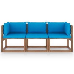 Trivietė sodo sofa iš palečių su mėlynomis pagalvėlėmis, eglė цена и информация | Садовые стулья, кресла, пуфы | pigu.lt