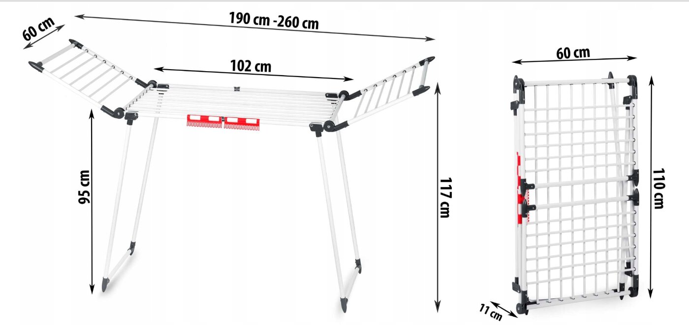 Laisvai pastatoma teleskopinė drabužių džiovykla Massido 102-260cm kaina ir informacija | Skalbinių džiovyklos ir aksesuarai | pigu.lt