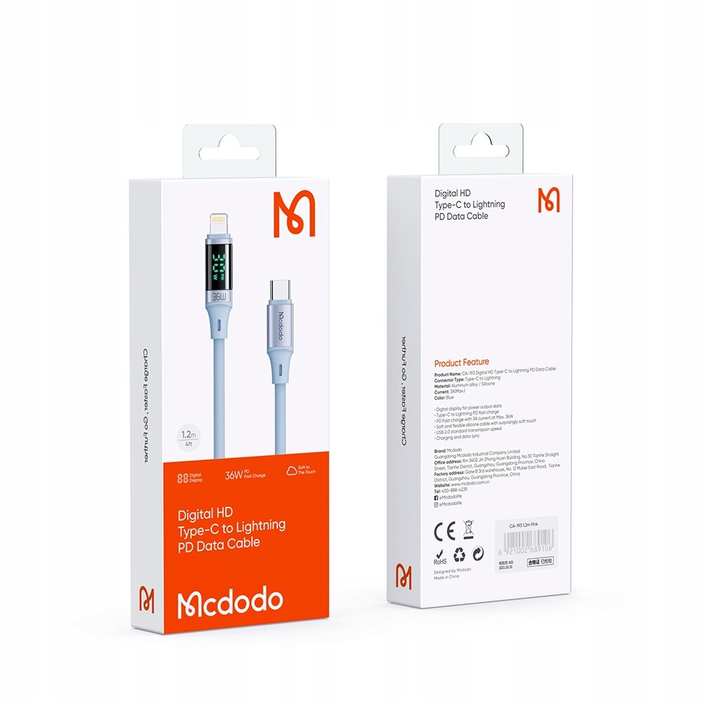 MCDODO USB-C LIGHTNING 36W 2M EKRANO KABELIS IPHONE 14 MĖLYNAS kaina ir informacija | Krovikliai telefonams | pigu.lt