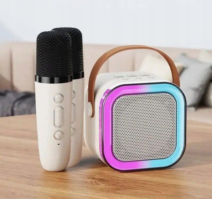 PORTATĪVAIS BLUETOOTH SKAĻRUŅIS KARAOKE RGB 2 MIKROFONI USB SD MINI DZIEGA kaina ir informacija | Garso kolonėlės | pigu.lt