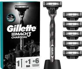 Skustuvo rinkinys Gillette Mach3 Charcoal vyrams: skustuvas + 6 skutimosi peiliukai + stovelis kaina ir informacija | Skutimosi priemonės ir kosmetika | pigu.lt