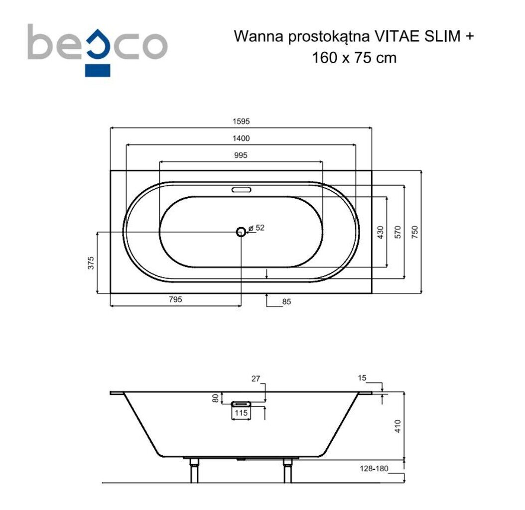 Vonia Besco Vitae Slim+, 160x75 cm kaina ir informacija | Vonios | pigu.lt