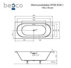 Vonia Besco Vitae Slim+, 170 x 75 cm, su aukso spalvos sifonu цена и информация | Ванны | pigu.lt