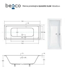 Vonia Besco Quadro Slim, 180x80 cm kaina ir informacija | Vonios | pigu.lt