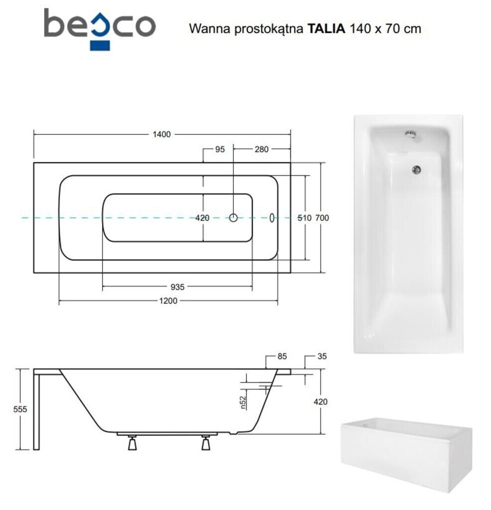 Vonia Besco Talia su apdaila, 140x70 cm kaina ir informacija | Vonios | pigu.lt