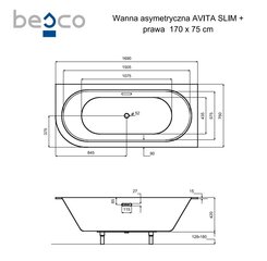 Vonia Besco Avita Slim+, 170x75 cm, dešininė kaina ir informacija | Vonios | pigu.lt