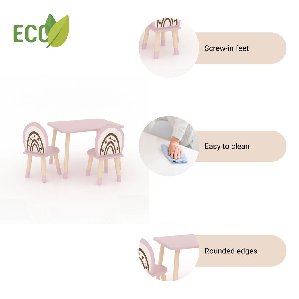 Vaikiškas vaivorykštės formos vaikiškas staliukas ir dvi kėdutės - rožinės spalvos kaina ir informacija | Vaikiškos kėdutės ir staliukai | pigu.lt