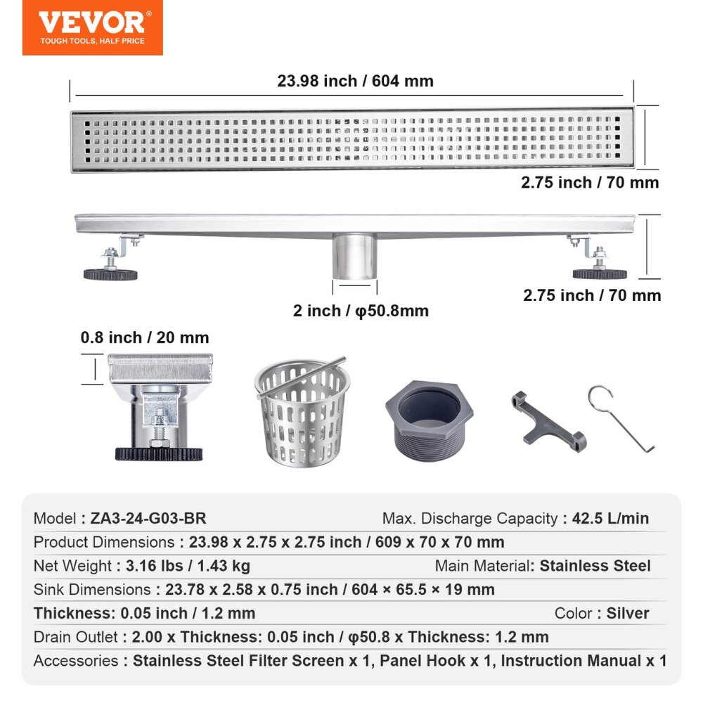 Dušo latakas Vevor, 609x70x70mm, 42,5 l/min цена и информация | Dušo latakai | pigu.lt