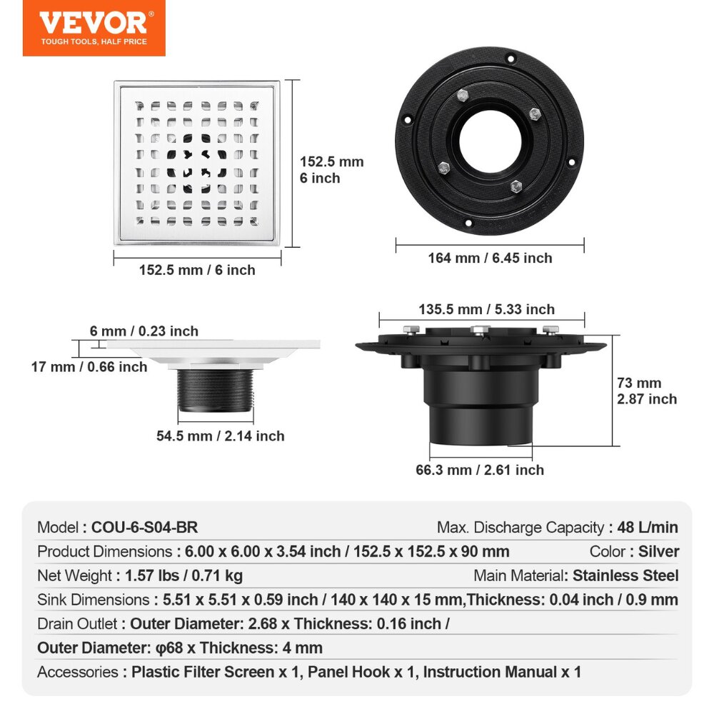 Dušo latakas Vevor, 152,5x152,5x90 mm, 48 l/min цена и информация | Dušo latakai | pigu.lt