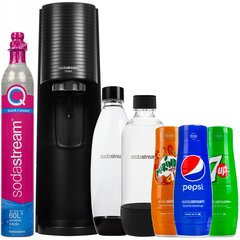 "SodaStream Terra Black" vienas butelis + "SodaStream" juodas butelis + "pepsi" + "mirinda" + "7up kaina ir informacija | Gazuoto vandens aparatai ir priedai | pigu.lt