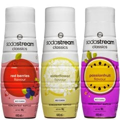 3x sirupas "SodaStream" raudonųjų uogų "Zero" 440ml + šeivamedžio žiedų "Zero" 440ml + pasiflorų "Zero" 440ml kaina ir informacija | Gazuoto vandens aparatai ir priedai | pigu.lt