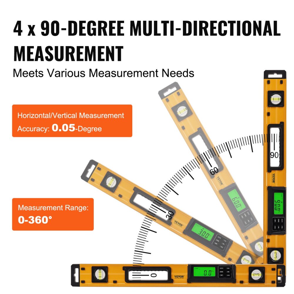 Skaitmeninis aliuminio gulsčiukas Vevor, 600 mm, 0 iki 360° kaina ir informacija | Mechaniniai įrankiai | pigu.lt