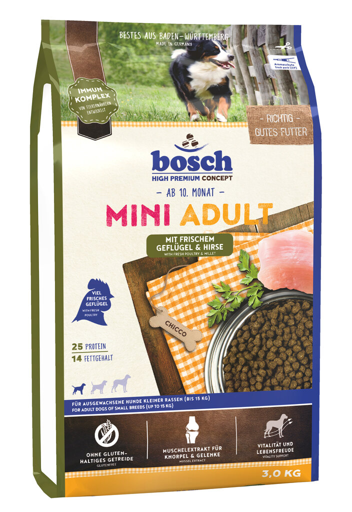 Bosch Petfood Mini Adult Poultry & Millet (High Premium) 3kg kaina ir informacija | Sausas maistas šunims | pigu.lt