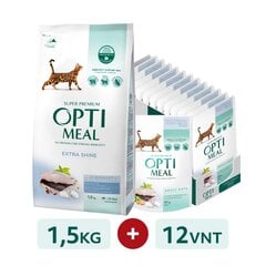 Optimeal katėms su dideliu kiekiu menkės, 1,5 kg + Optimeal konservai katėms su menke daržovių drebučiuose, 85 g x 12 vnt цена и информация | Сухой корм для кошек | pigu.lt