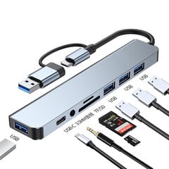 Разветвитель-концентратор 8 в 1 USB-C/A на USB 3.0/USB 2.0/SD/TF/USB-C/аудио, Avernus цена и информация | Адаптеры, USB-разветвители | pigu.lt