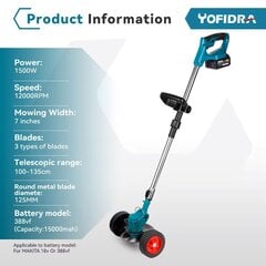 Электрическая газонокосилка ручная для Makita 18V аккумуляторная садовая газонокосилка с регулируемой длиной с 1 батареями. цена и информация | Газонокосилки | pigu.lt