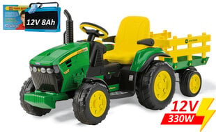 Vienvietis vaikiškas elektrinis traktorius Peg Perego John Deere Ground Force with trailer, žalias/geltonas kaina ir informacija | Elektromobiliai vaikams | pigu.lt