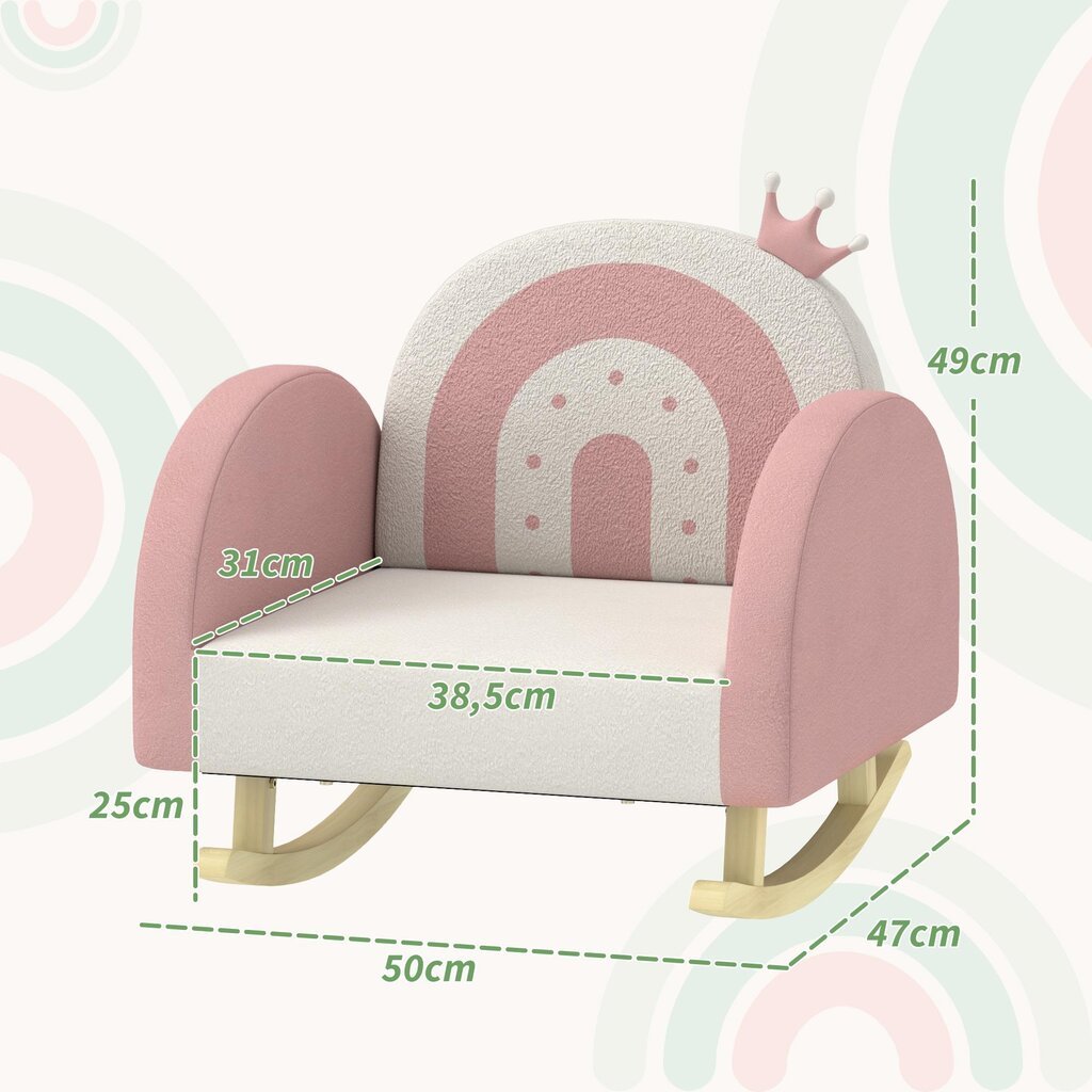 AIYAPLAY vaikiškas fotelis, vaikiška sofa su karūnos dekoru, aksomo išvaizdos, vaikiška kėdutė su vaivorykštiniu atlošu, supamoji kėdutė 1,5-3 metų vaikams, vaikų kambariui, žaidimų kambariui, rožinės spalvos цена и информация | Vaiko kambario baldų komplektai | pigu.lt