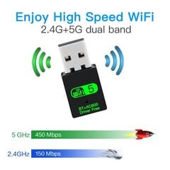 USB WiFi + Bluetooth 5.0 adapteris, 600 Mbps kaina ir informacija | Maršrutizatoriai (routeriai) | pigu.lt