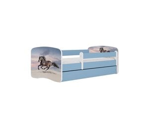 Vaikiška lova su čiužiniu ir stalčiumi Kocot Kids BabyDreams Blue galloping horse, mėlyna/balta kaina ir informacija | Vaikiškos lovos | pigu.lt