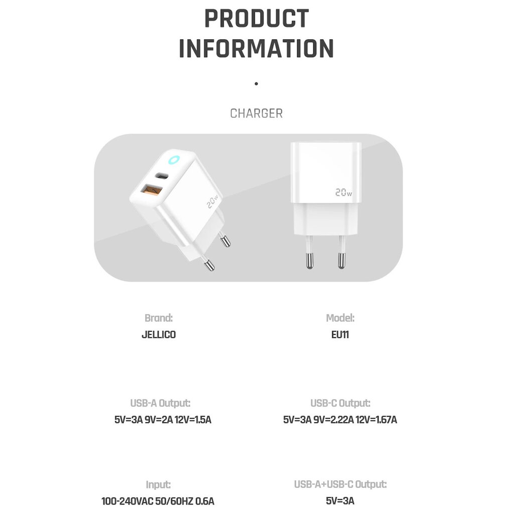 Jellico AK-165 USB 22.5W QC 3.0 Išmanusis Greitas Kroviklis 1x USB (5-12V) + USB Lightning Laidas 1m Baltas kaina ir informacija | Krovikliai telefonams | pigu.lt
